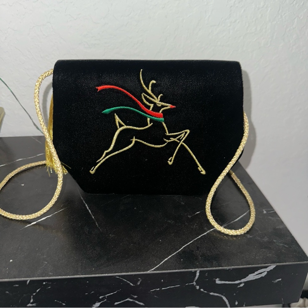Vintage Black Velvet & Gold Embroidered Reindeer Christmas Cross Body Purse